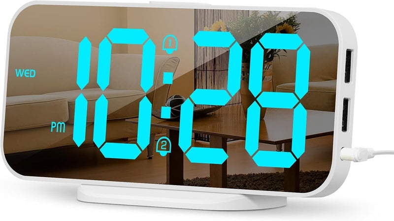 ALANAS Mirror Digital Alarm Clock, Dual Alarms with Snooze, 4-Level Dimmer, 2 USB Ports, Plug in Modern Alarm Clock for Bedrooms (Blue Digit) - Image 1